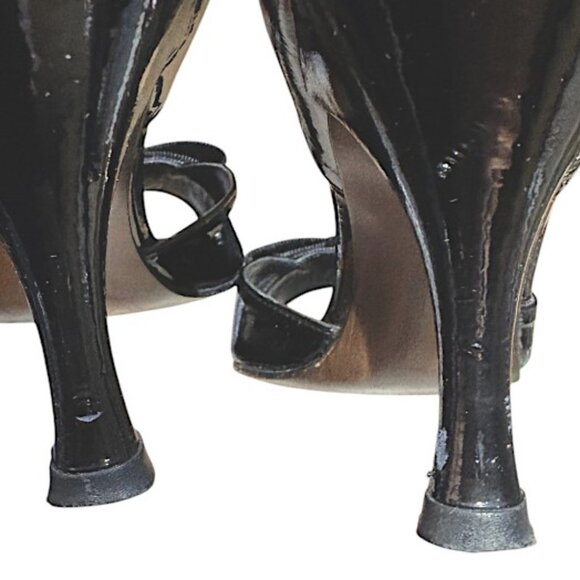 Stuart Weitzman Black Patent Leather Cut Out Peep Toe Heel Grosgrain Bow Size 9N - Picture 7 of 9